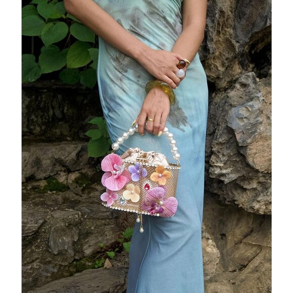 ⚡ Women's Multi Flower Shaped Rhinestone Evening Metallic Bucket Crossbody Bag - Picture 9 of 9